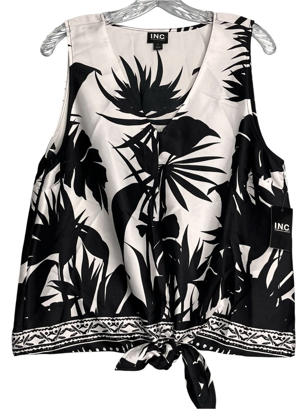 NWT I.N.C International Black White Palm Garden Tie-Front Sleeveless Top Sz L